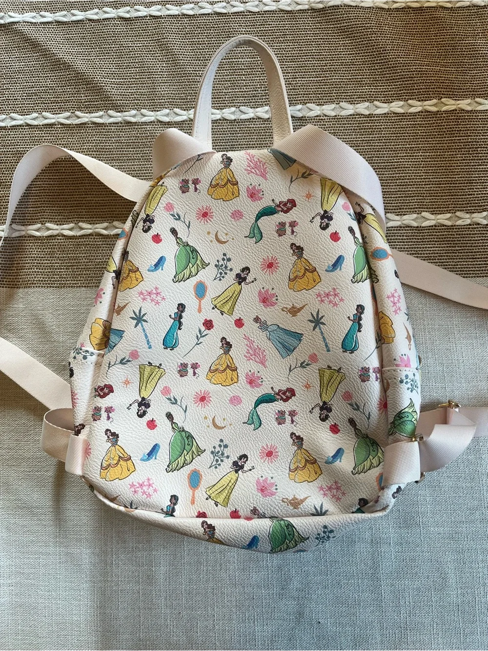 Faux Leather Girls' Princess Print Mini Backpack - Cream with Pastel Accents